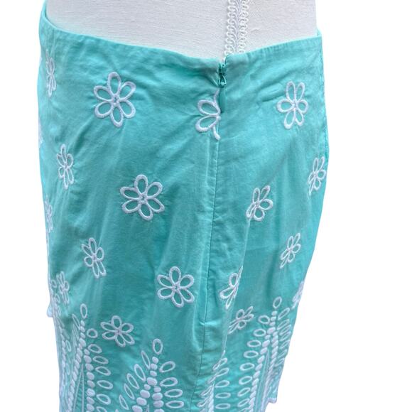 Aqua Embroidered Mini Skirt Floral Eyelet Scalloped Hem Summer Spring Cute - Picture 3 of 5